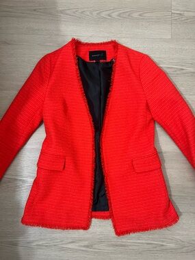 Banana Republic Vibrant Red Fringe Tweed Open Front Blazer